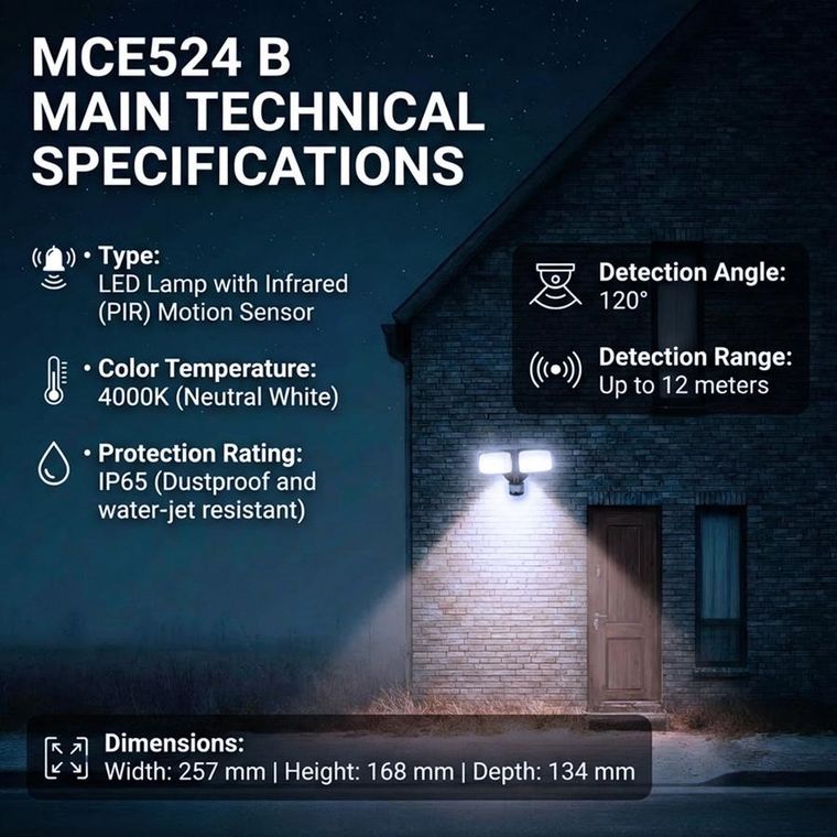 Maclean, ścienna lampa LED, z czujnikiem PIR, 20W, 1500LM, IP65, NEUTRAL WHITE 4000K, czarna, MCE524 B