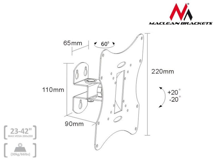 Maclean, uchwyt ścienny do telewizora, obrotowy, uchylny - 42", max. 30 kg, MC-501B