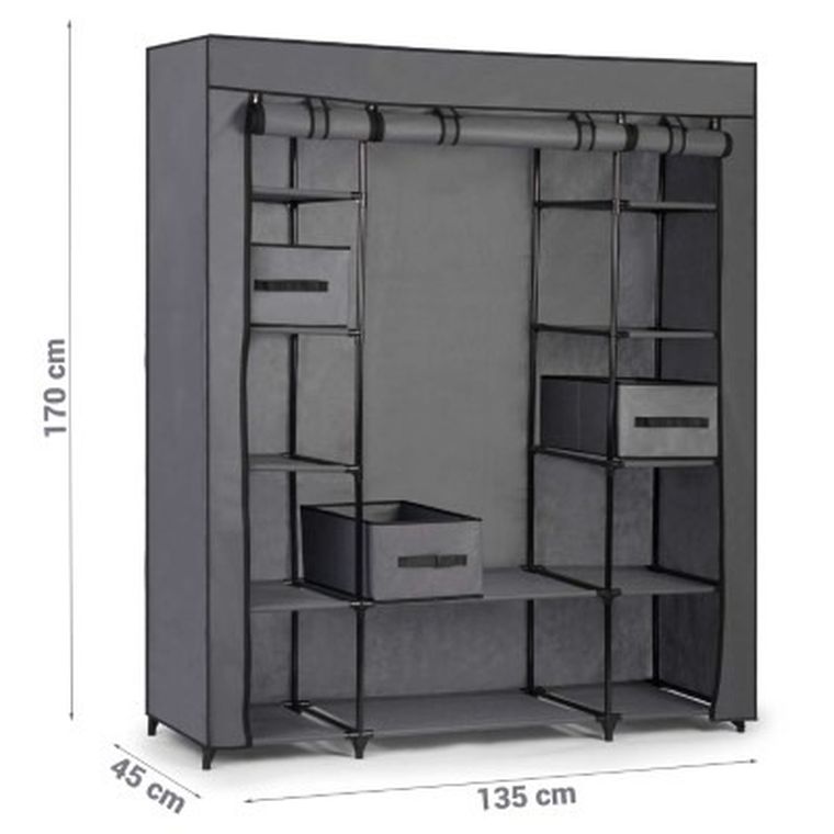 Massido, szafa tekstylna, szuflady, 135-45-170 cm, grafitowa