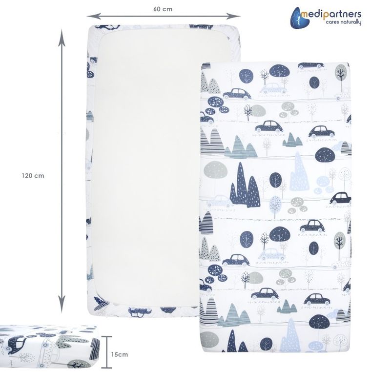 Medi Partners, Auta, prześcieradło z gumką do łóżeczka, bawełniane, 120-60 cm, 3 szt.
