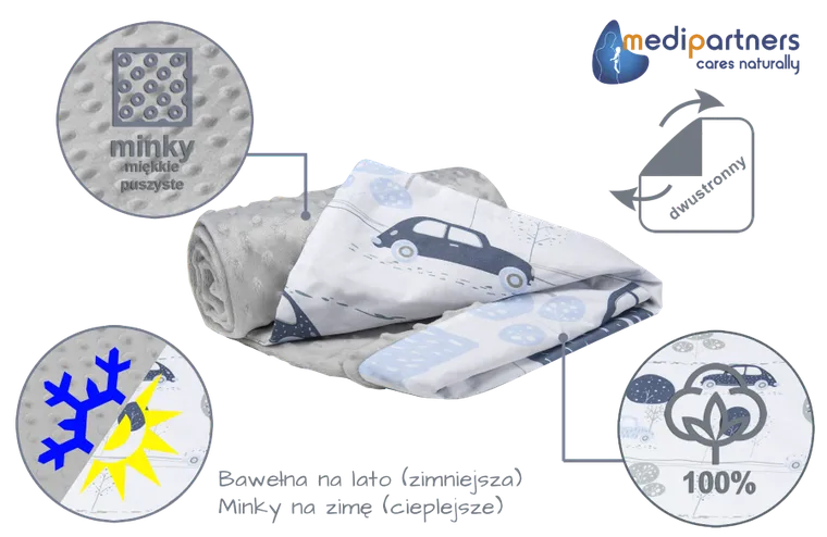 Medi Partners, Auta, Retro, kocyk minky, szary, 75-100 cm