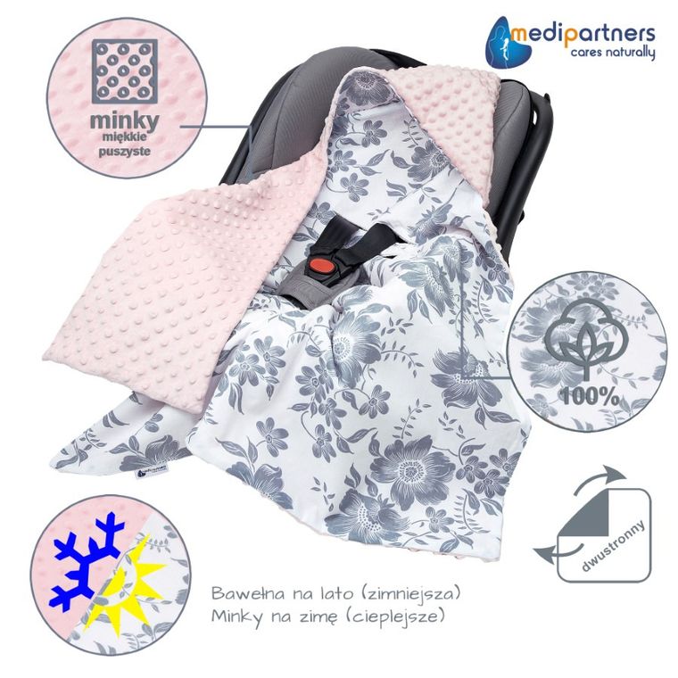 Medi Partners, Berry, otulacz do nosidełka z kapturkiem, minky, różowy, 85-85 cm