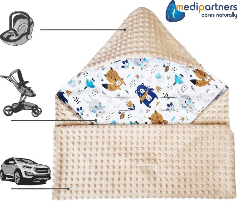 Medi Partners, Boho Animals, otulacz do nosidełka z kapturkiem, minky, beżowy, 85-85 cm