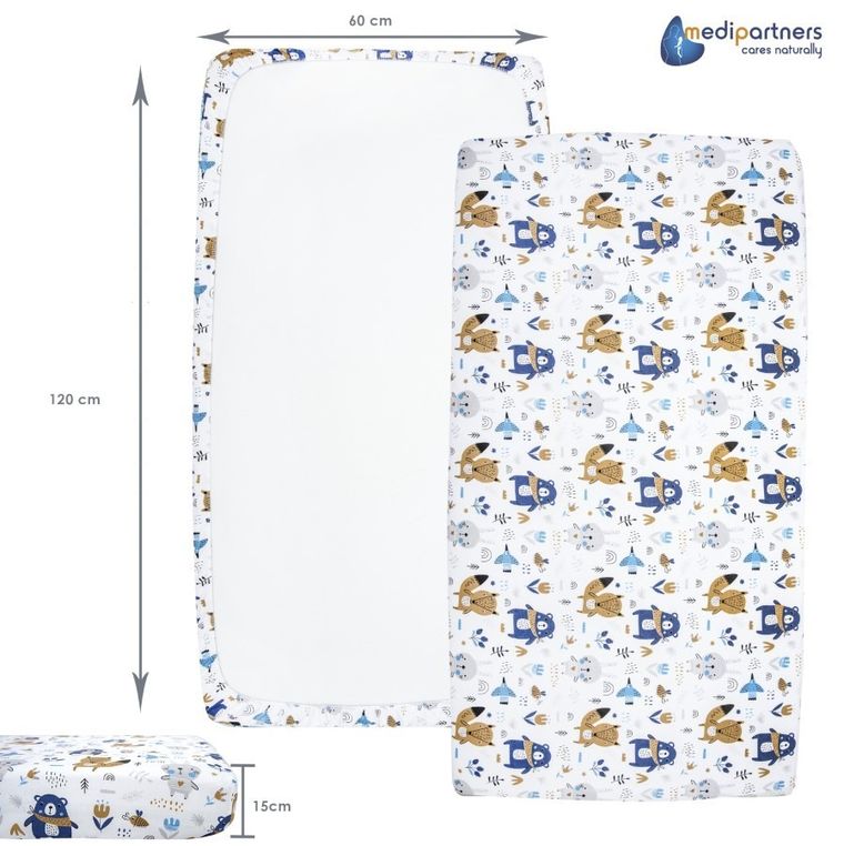 Medi Partners, Boho Animals, prześcieradło z gumką do łóżeczka, bawełniane, 120-60 cm, 3 szt.