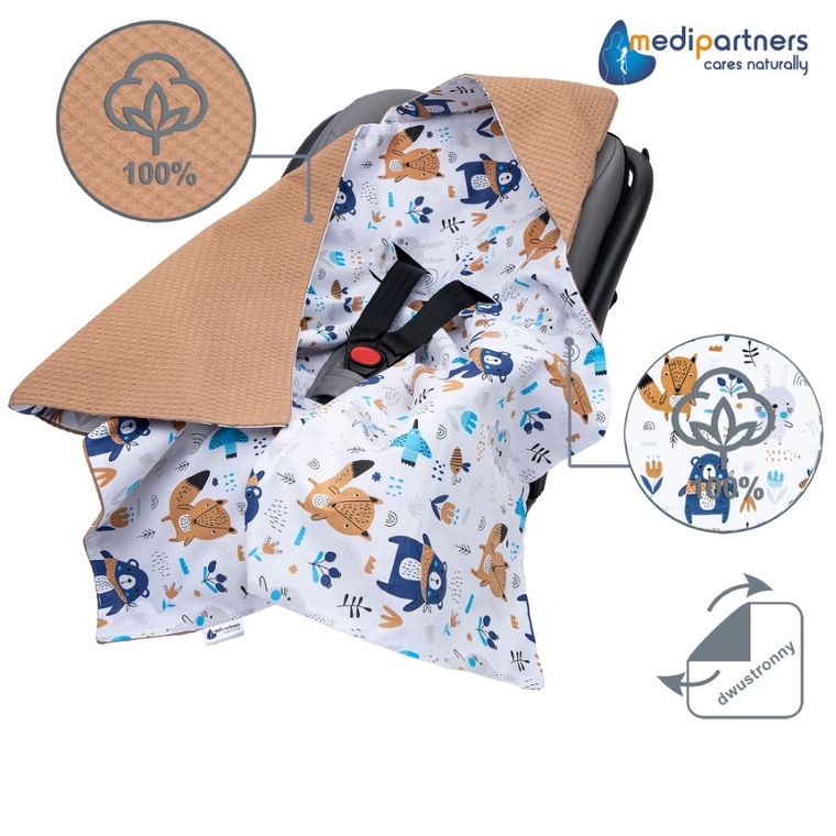 Medi Partners, Boho, otulacz do nosidełka, kocyk z kapturkiem, wafel, 85-85 cm