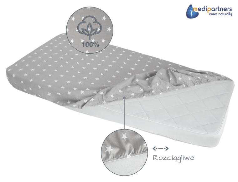 Medi Partners, Gwiazdki, prześcieradło z gumką, szare, 60-120 cm