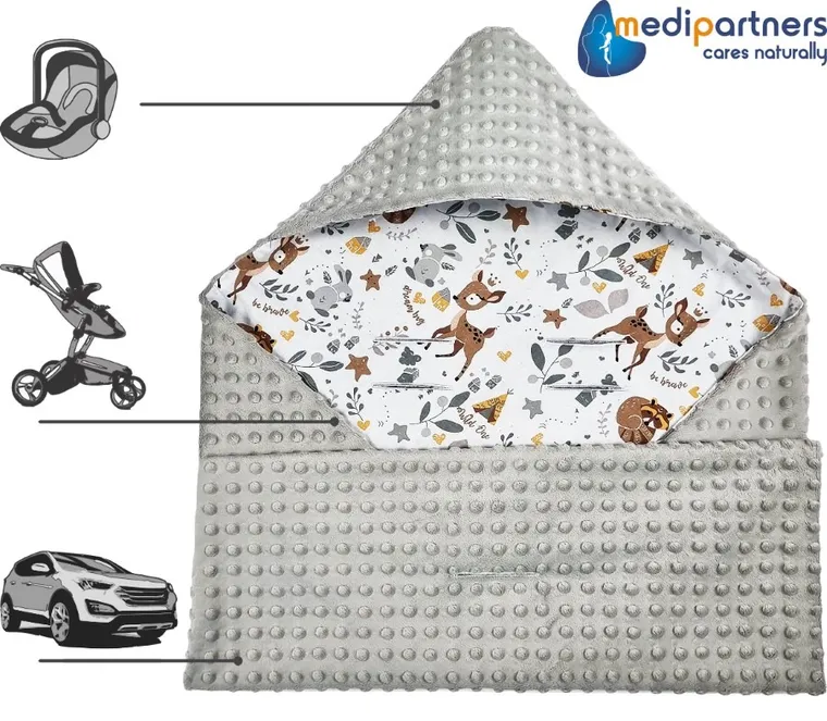 Medi Partners, Jelonki, otulacz do nosidełka z kapturkiem, minky, szary, 85-85 cm