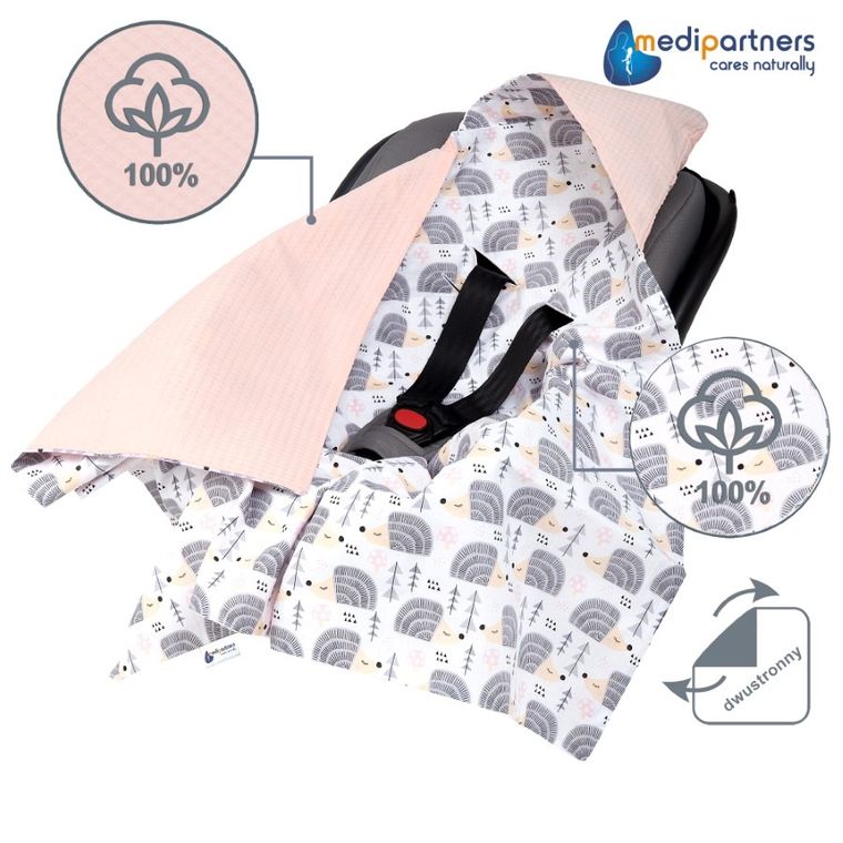 Medi Partners, Jeże, otulacz do nosidełka, kocyk z kapturkiem, wafel, róż, 85-85 cm
