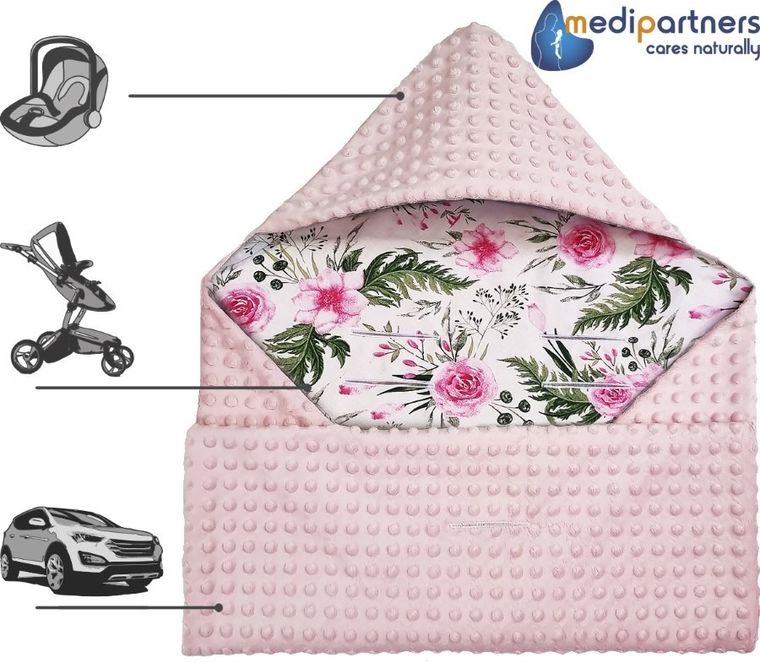 Medi Partners, Kwiaty, otulacz do nosidełka z kapturkiem, minky, różowy, 85-85 cm