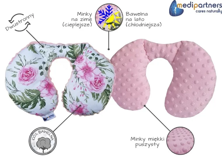 Medi Partners, Kwiaty, poduszka podróżna, rogal, różowa