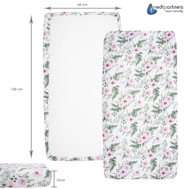 Medi Partners, Kwiaty, prześcieradło z gumką do łóżeczka, bawełniane, 120-60 cm, 3 szt.