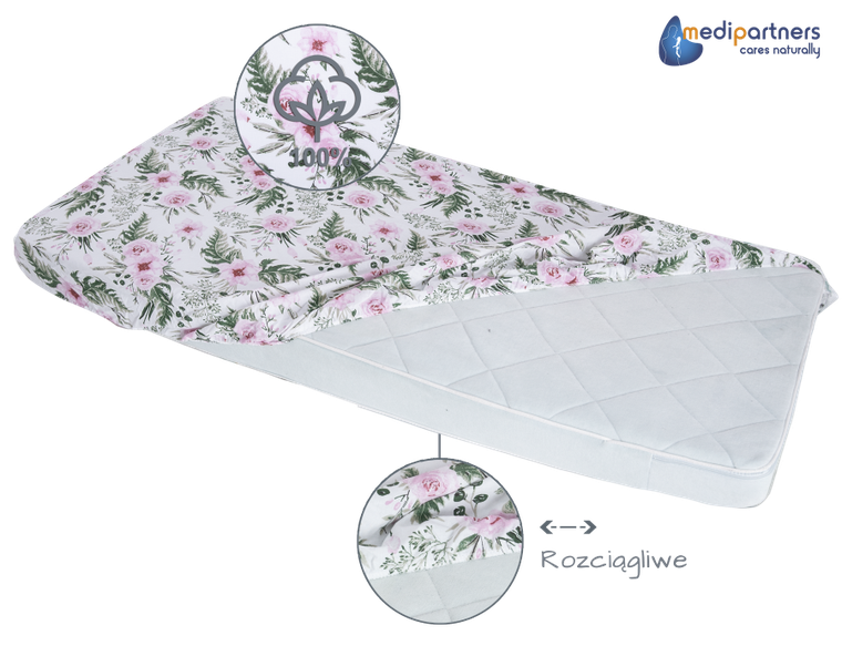 Medi Partners, Kwiaty, prześcieradło z gumką, róż, 60-120 cm