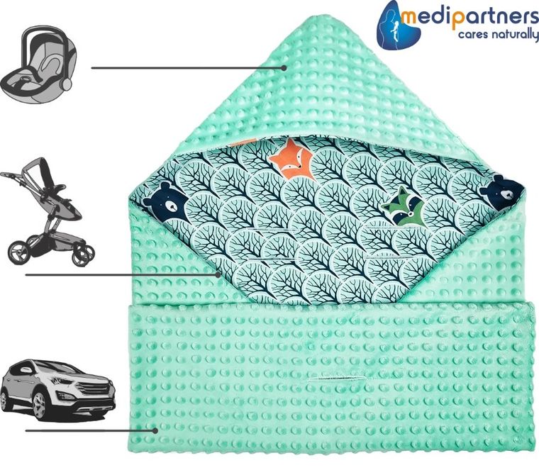 Medi Partners, Las, otulacz do nosidełka z kapturkiem, minky, miętowy, 85-85 cm