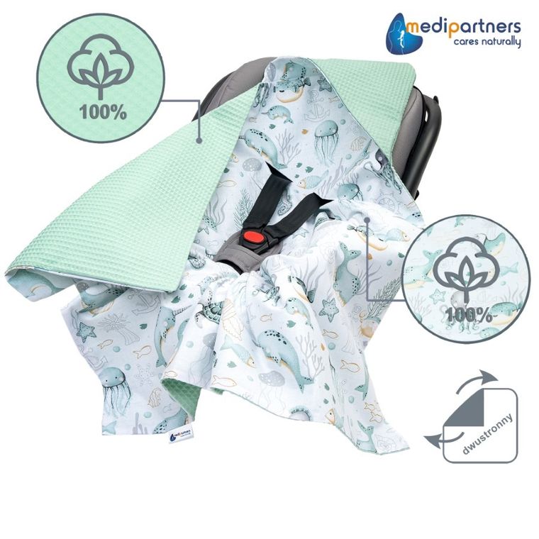 Medi Partners, Ocean, otulacz do nosidełka, kocyk z kapturkiem, wafel, 85-85 cm