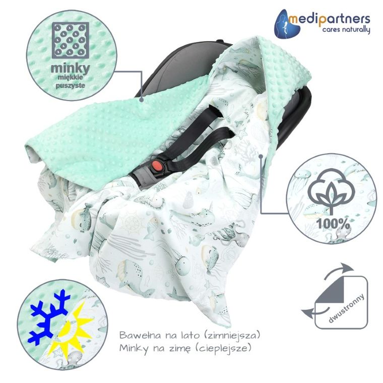 Medi Partners, Ocean, otulacz do nosidełka z kapturkiem, minky, miętowy, 85-85 cm