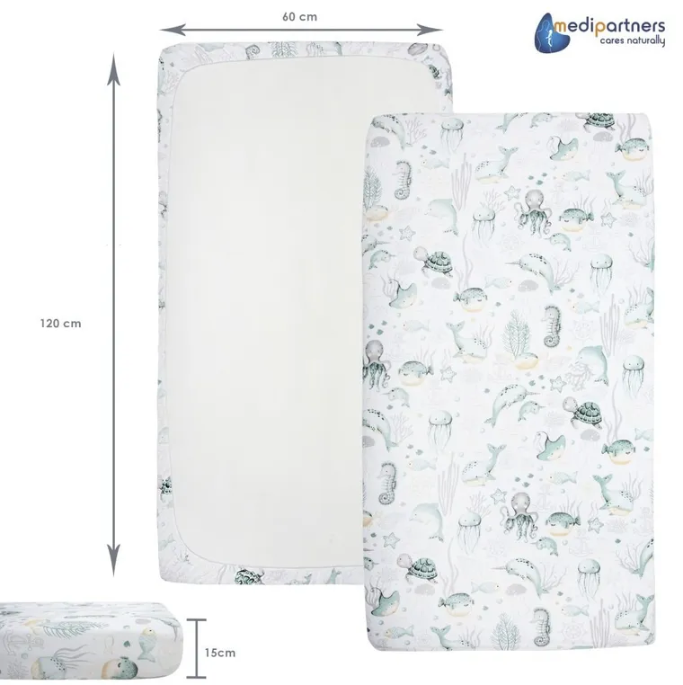 Medi Partners, Ocean, prześcieradło z gumką do łóżeczka, bawełniane, 120-60 cm, 3 szt.