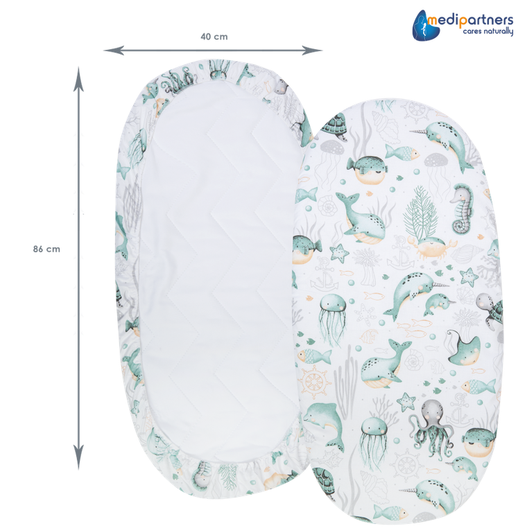 Medi Partners, Ocean, prześcieradło z gumką do łóżeczka, bawełniane, 86-40 cm, 3 szt.