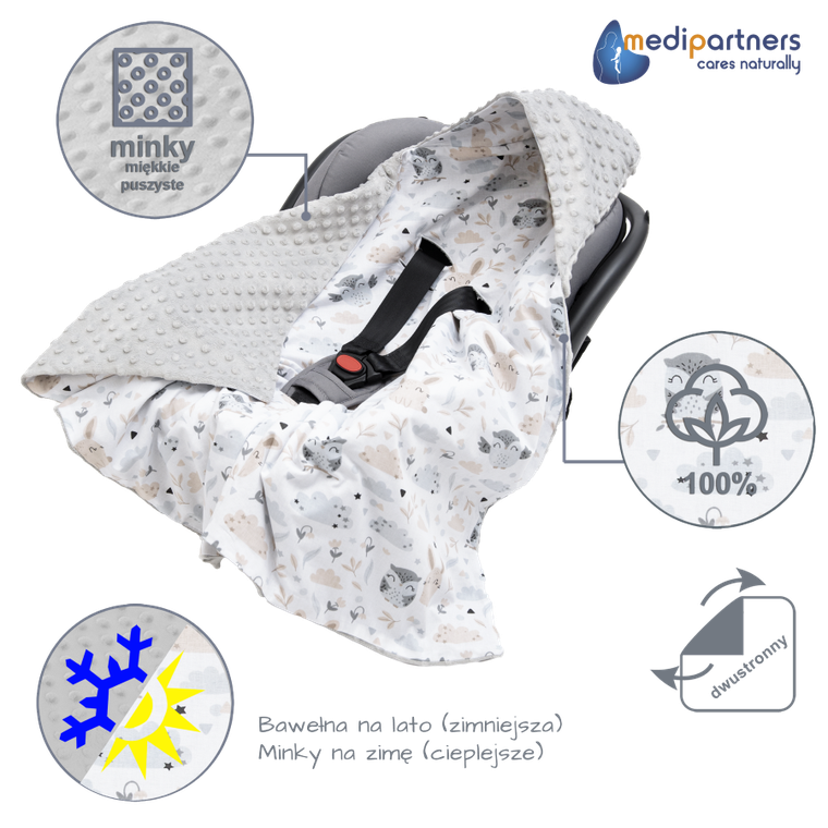 Medi Partners, Polana, otulacz do nosidełka z kapturkiem, minky, szary, 85-85 cm