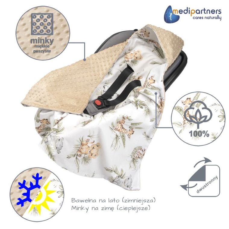Medi Partners, Safari, otulacz do nosidełka z kapturkiem, minky, beżowy, 85-85 cm