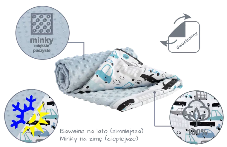 Medi Partners, Samochody, kocyk minky, jasnoniebieski, 75-100 cm