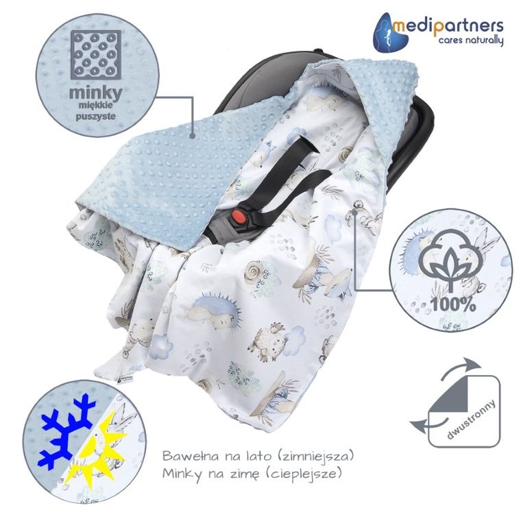 Medi Partners, Sarny, Jeż, otulacz do nosidełka z kapturkiem, minky, błękit, 85-85 cm