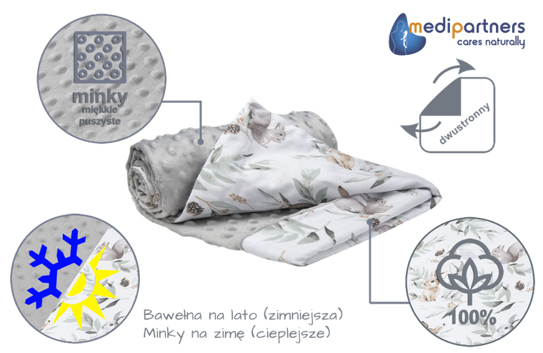 Medi Partners, Sarny, Liście, kocyk minky, szary, 75-100 cm