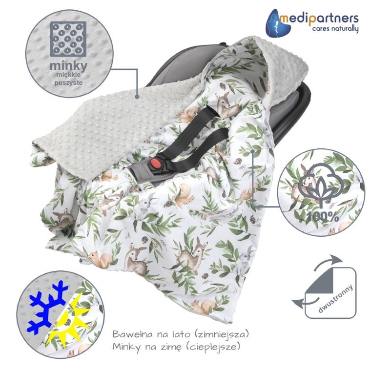 Medi Partners, Sarny, Liście, otulacz do nosidełka z kapturkiem, minky, szary, 85-85 cm