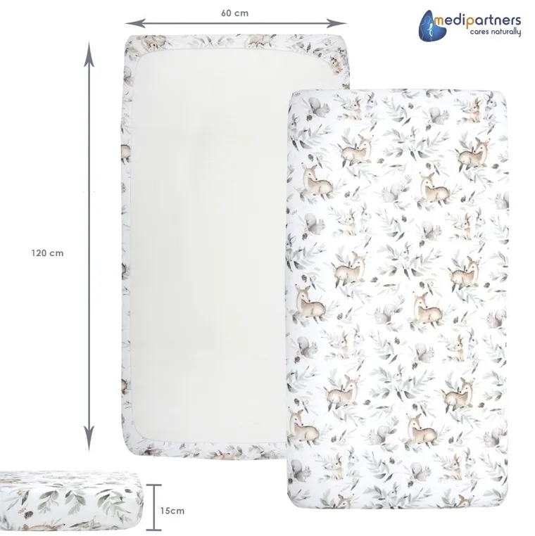 Medi Partners, Sarny, Liście, prześcieradło z gumką do łóżeczka, bawełniane, 120-60 cm, 3 szt.