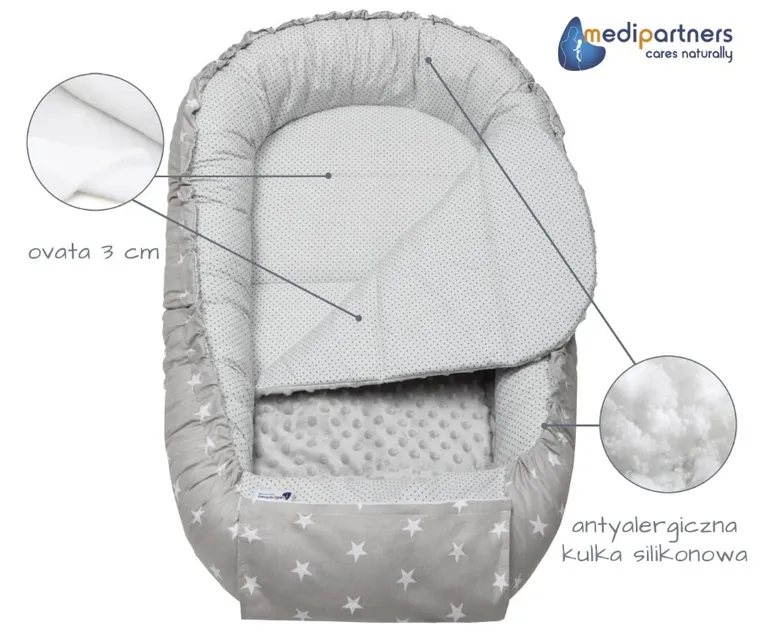 Medi Partners, Stars, gniazdo niemowlęce, kokon w zestawie, szary