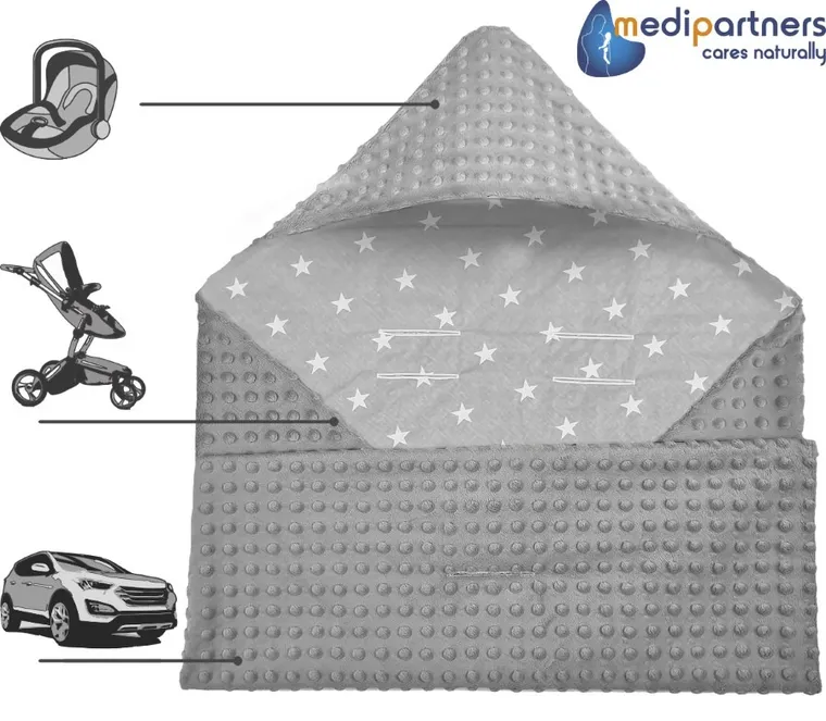 Medi Partners, Stars, otulacz do nosidełka z kapturkiem, minky, szary, 85-85 cm