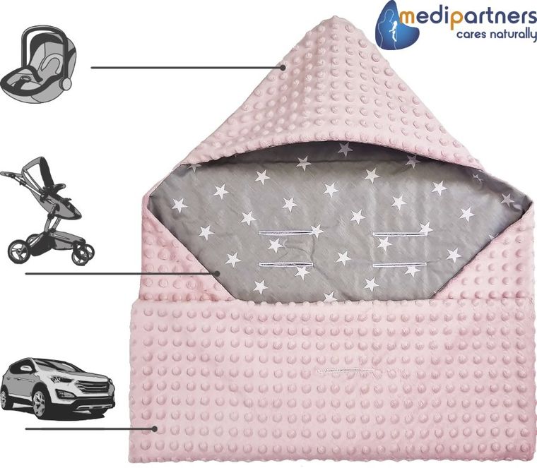 Medi Partners, Stars, otulacz do nosidełka z kapturkiem, minky, szary, jasny różowy, 85-85 cm