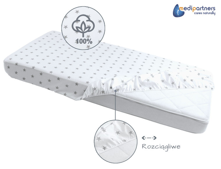 Medi Partners, Stars, prześcieradło z gumką, białe, 60-120 cm
