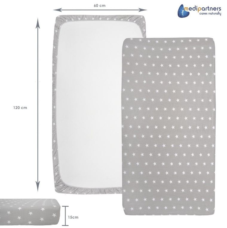 Medi Partners, Stars, prześcieradło z gumką do łóżeczka, bawełniane, 120-60 cm, 3 szt.