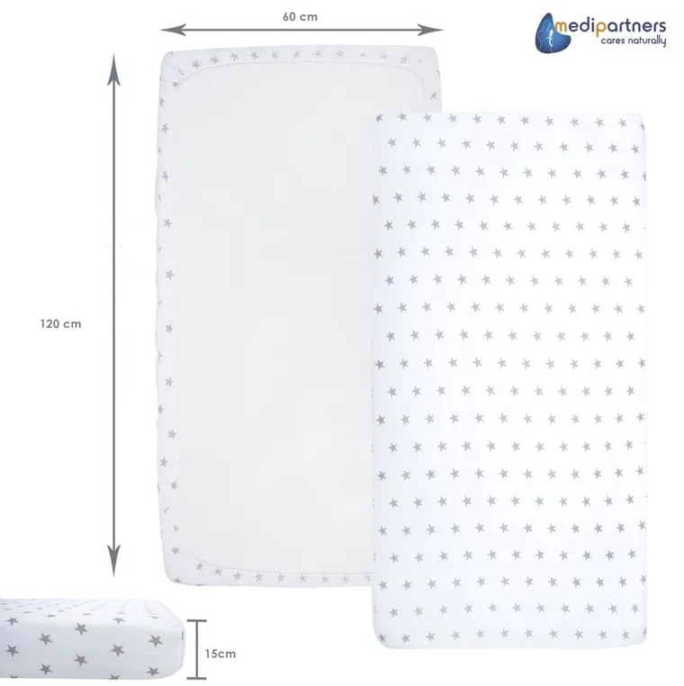 Medi Partners, Stars, prześcieradło z gumką do łóżeczka, bawełniane, 120-60 cm, 3 szt.