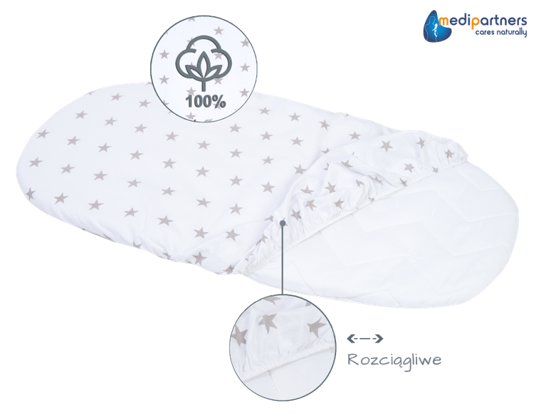 Medi Partners, Stars, prześcieradło z gumką do wózka, białe