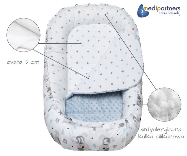 Medi Partners, Teddy, gniazdo niemowlęce, kokon w zestawie, jasnoniebieski