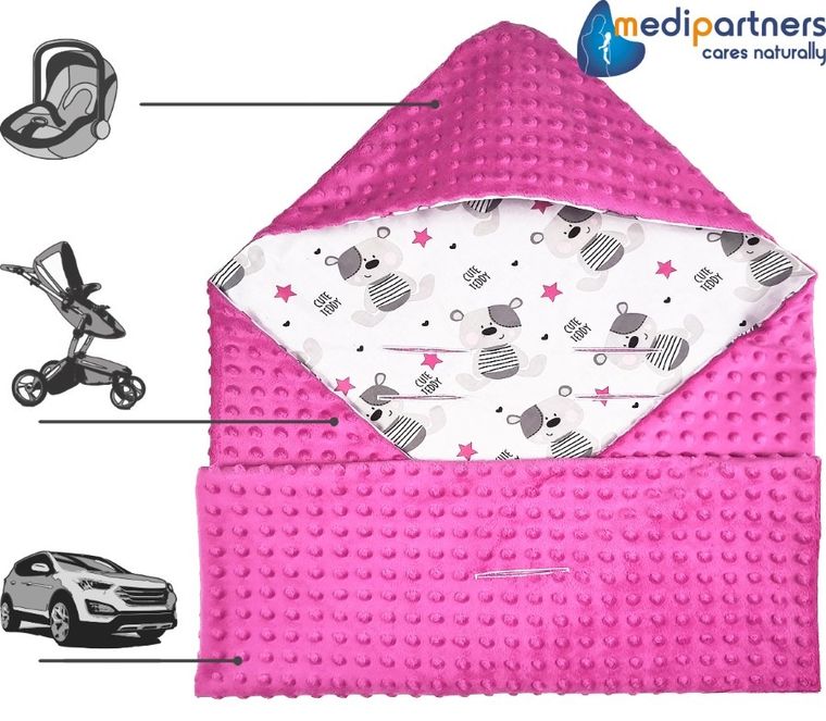 Medi Partners, Teddy, otulacz do nosidełka z kapturkiem, minky, ciemny różowy, 85-85 cm