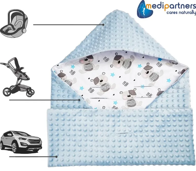 Medi Partners, Teddy, otulacz do nosidełka z kapturkiem, minky, jasny niebieski, 85-85 cm