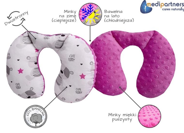 Medi Partners, Teddy, poduszka podróżna, rogal, różowa