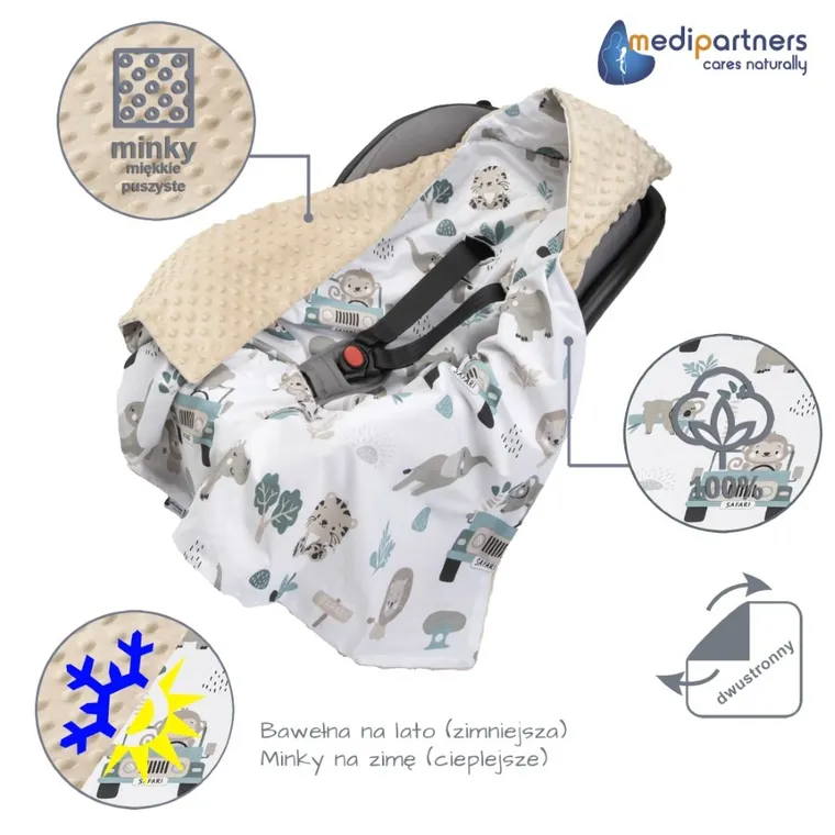 Medi Partners, Zoo, otulacz do nosidełka z kapturkiem, minky, miętowy, 85-85 cm