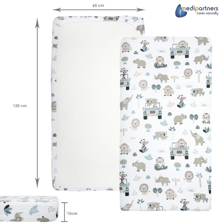 Medi Partners, Zoo, prześcieradło z gumką do łóżeczka, bawełniane, 120-60 cm, 3 szt.