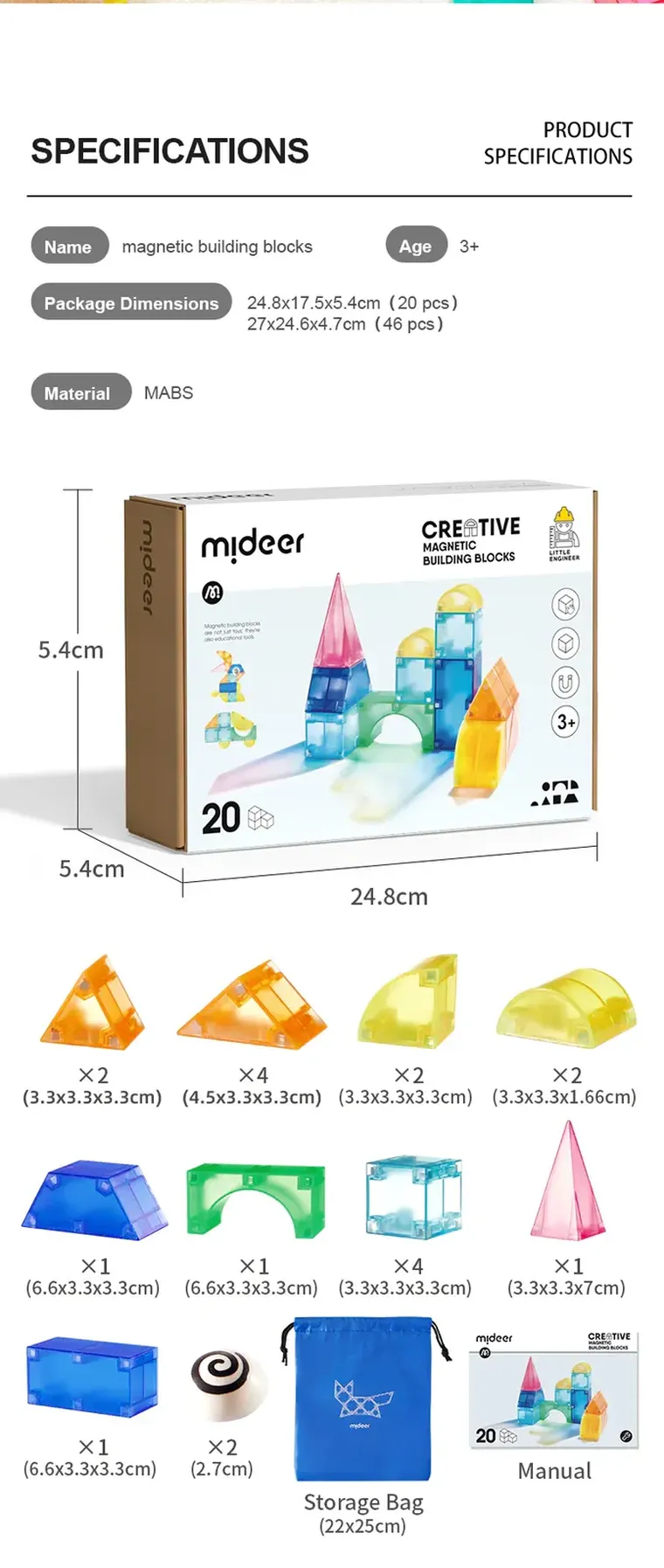 Mideer, klocki magnetyczne 3D, 20 elementów