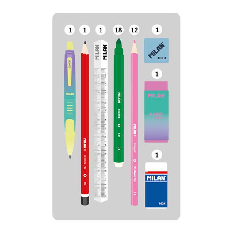 Milan, piórnik z wyposażeniem, sunset, różowy