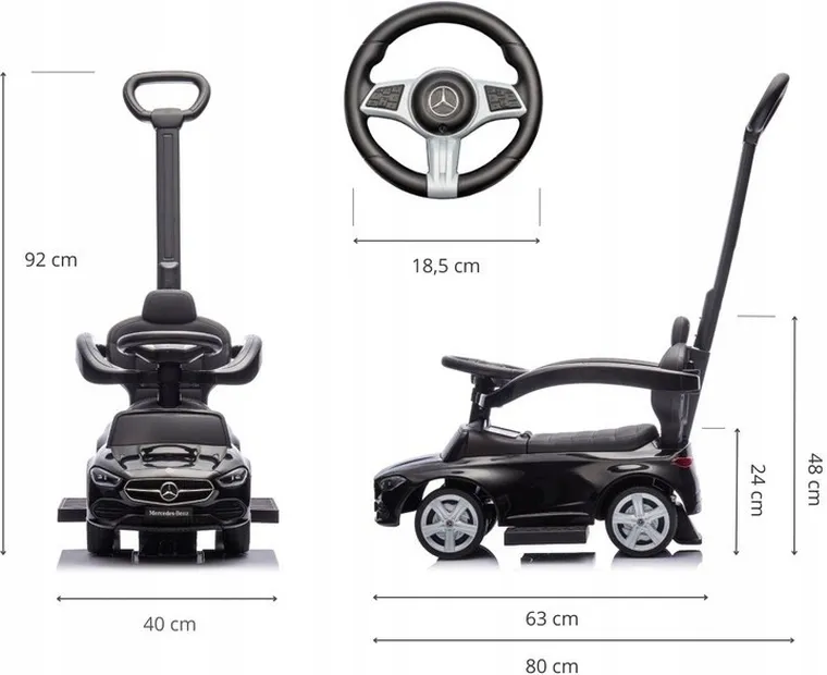Milly Mally, Mercedes C-Class S, jeździk z rączką, pojazd, czarny