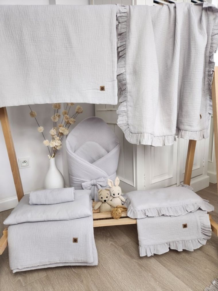 MimiNu, 2-częściowy komplet pościeli z wypełnieniem, całoroczny, muślin bawełniany, szary, 60-70 cm + 40-30 cm