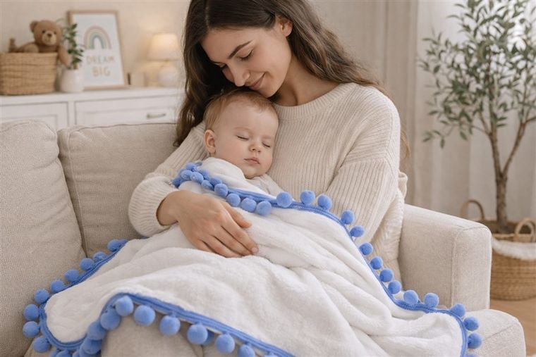 MimiNu, kocyk z pomponami, polar, biały + błękitne pompony, 75-100 cm