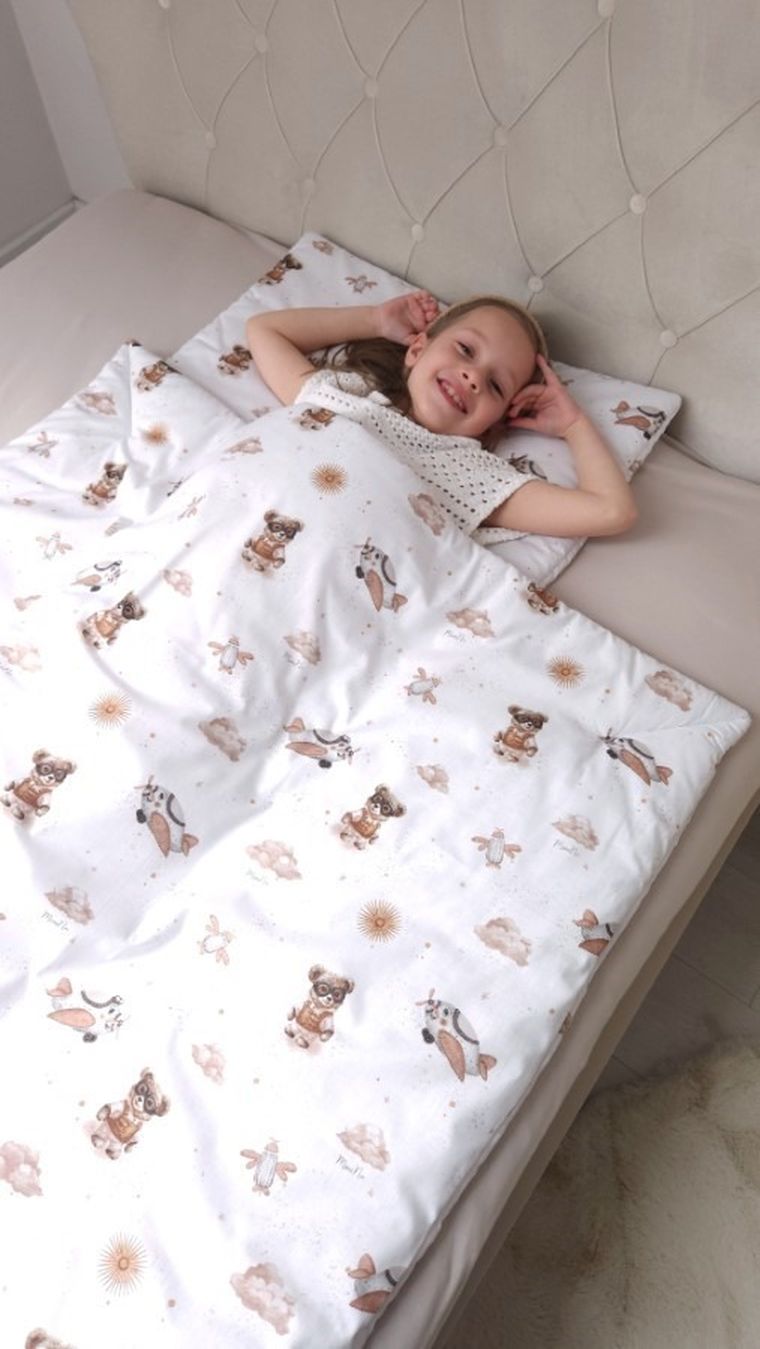 MimiNu, Misie, 2-częściowy komplet pościeli z wypełnieniem, beż, 120-90 cm