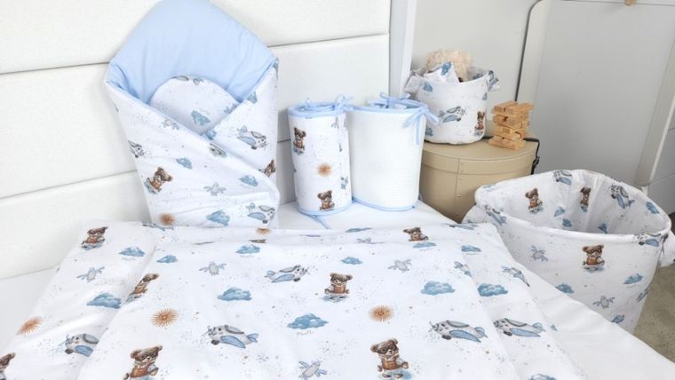 MimiNu, Misie, 2-częściowy komplet pościeli z wypełnieniem, błękit, 100-75 cm