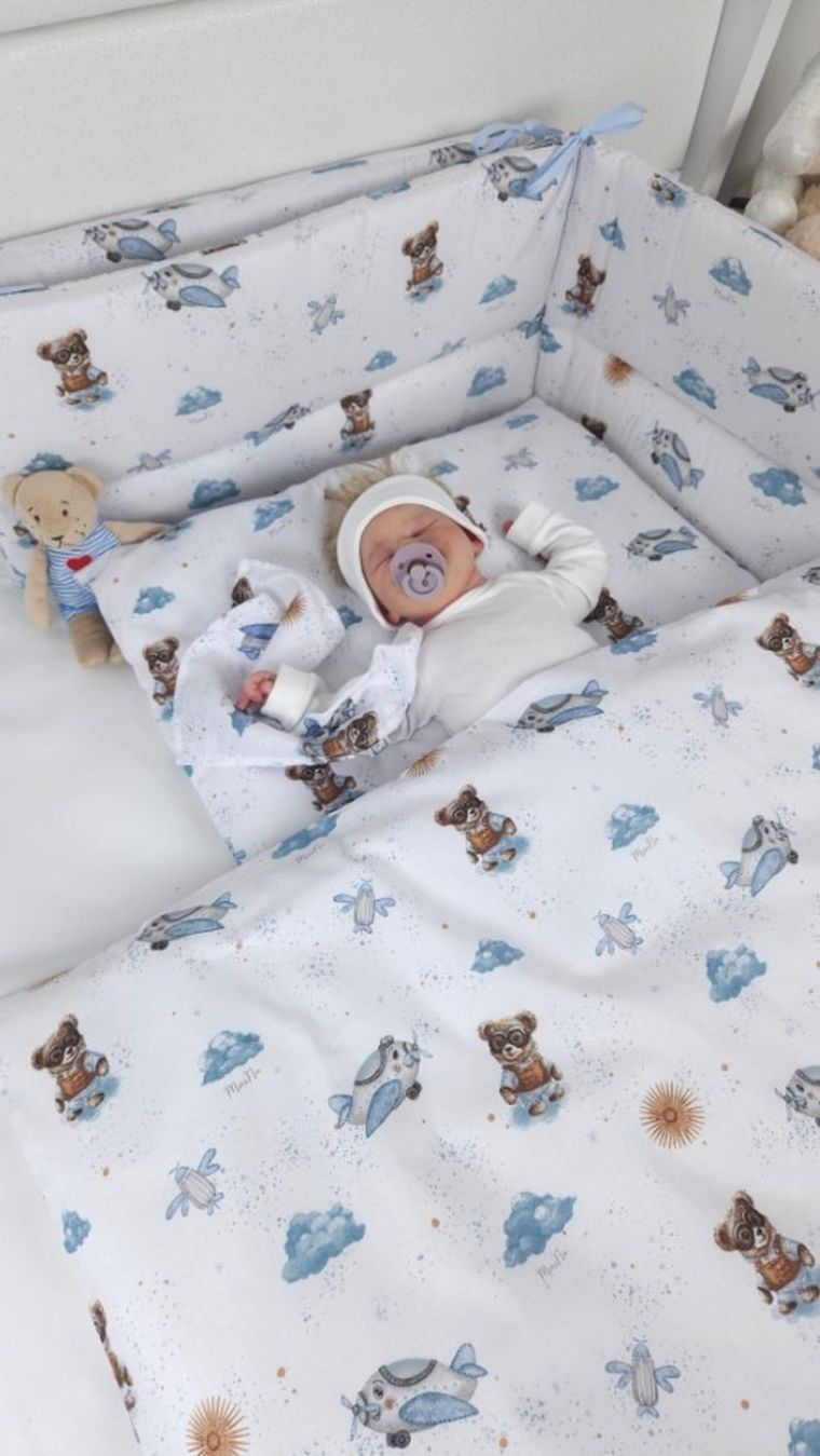 MimiNu, Misie, 3-częściowy komplet pościeli, błękit, 120-90 cm