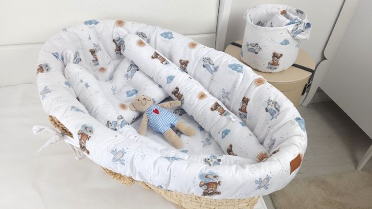 MimiNu, Misie, zestaw do gondoli/kosza Mojżesza: ochraniacz, poduszka, materac, błękit